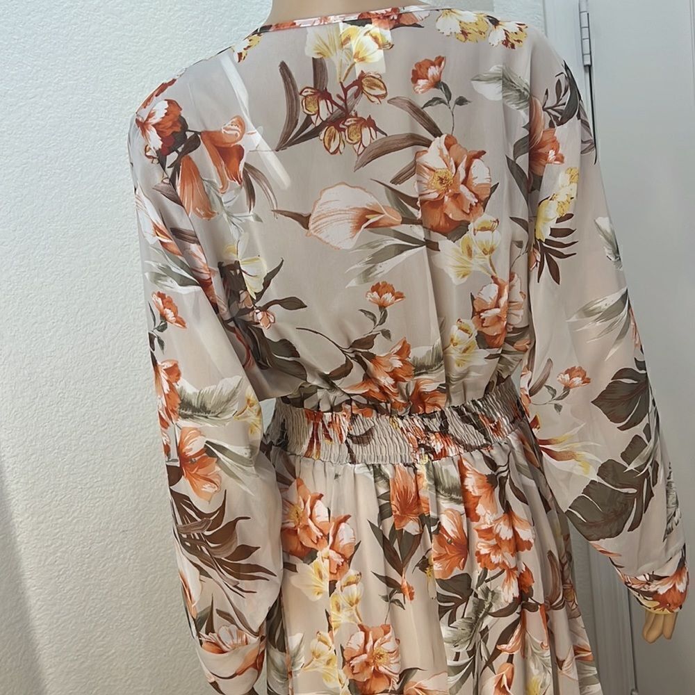 Enfocus Dress Size 14P V Neck Floral Long Sleeve Sheer Lined Skirt Elastic Waist - Picture 7 of 11